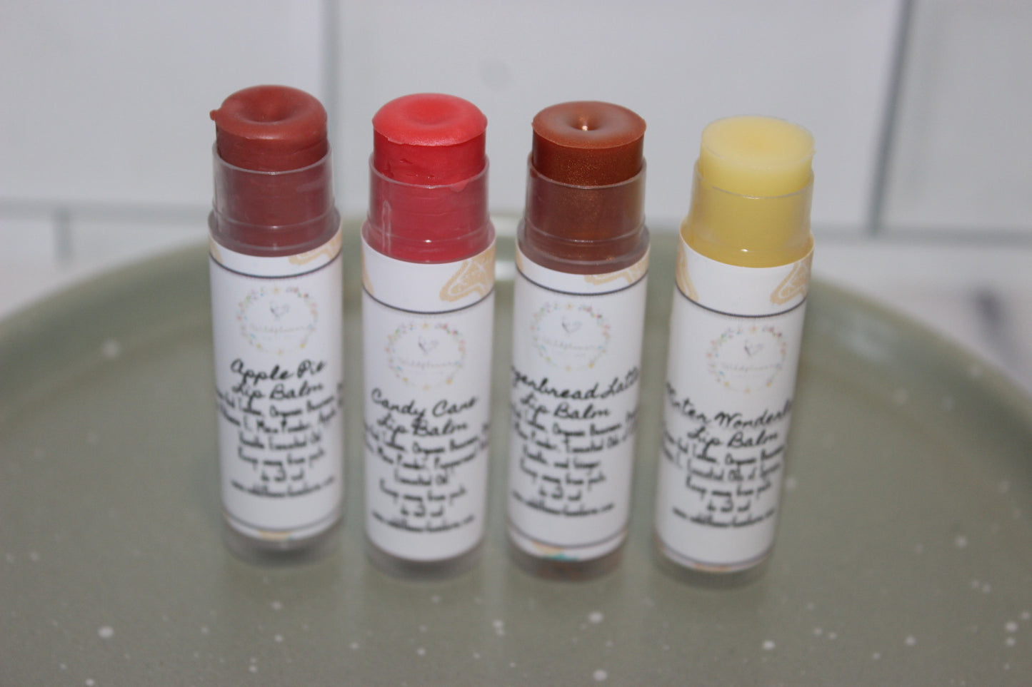 Holiday Tallow Lip Balm Set of 4 Gingerbread Latte, Candy Cane, Winter Wonderland, and Apple Pie